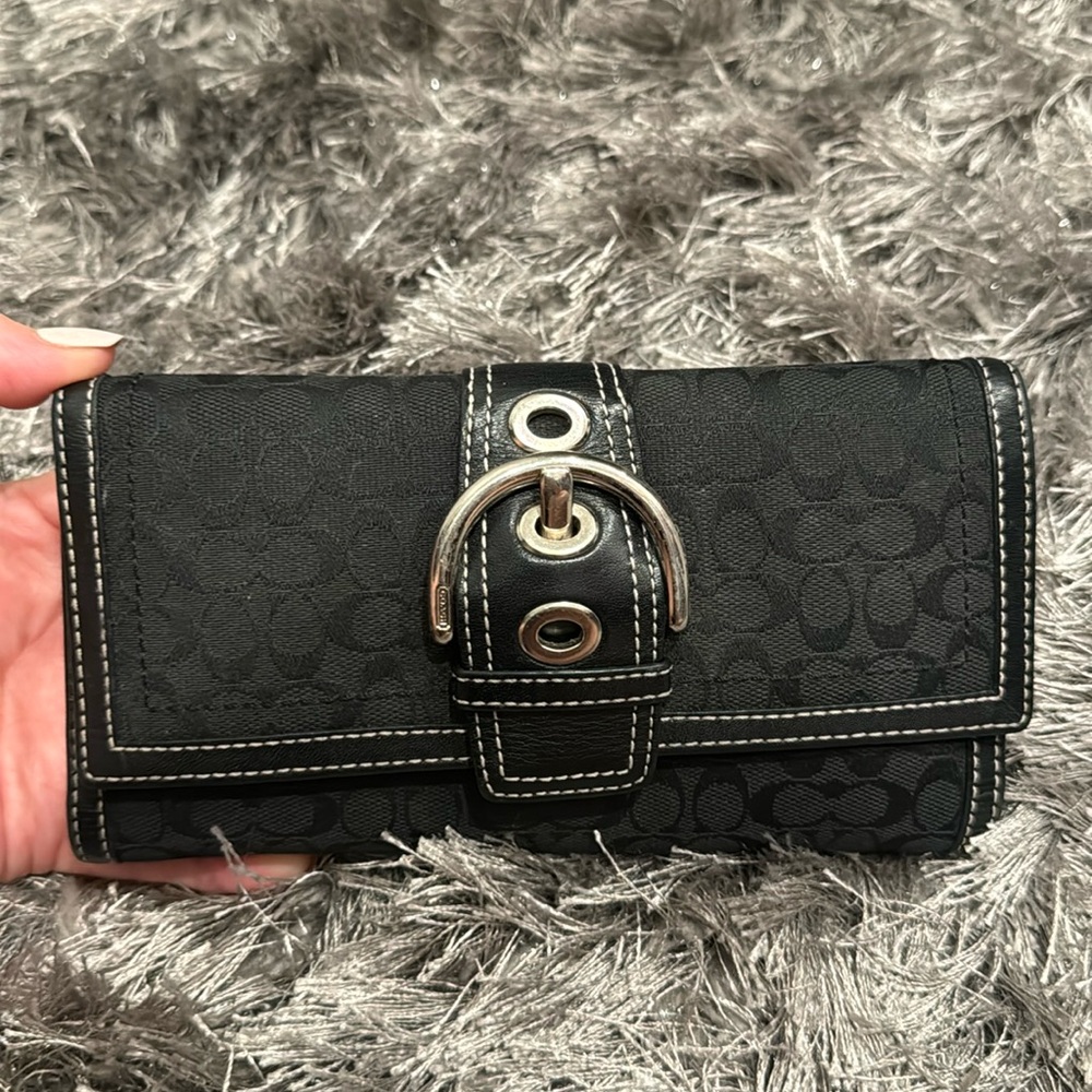 Coach Signature Black Buckle Checkbook Wallet